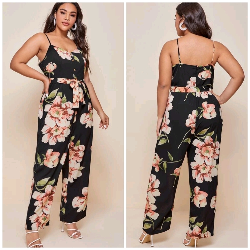 HP • NEW • faux button polyester boho floral black belted jumpsuit CURVE 3X (18)